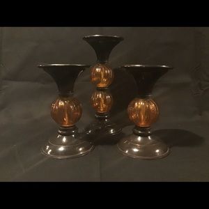 Retro Style Amber Glass Ball Pillar Candle Holders - Set of 3